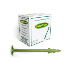 GreenStake biodegradable stakes and wooden T-pegs for erosion control and landscaping fabric