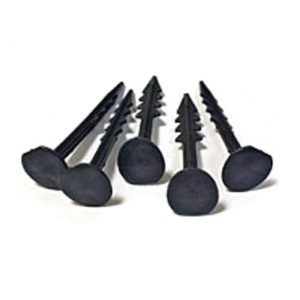 Black plastic oxy-degradable stake used to peg down geotextile and landscape fabric
