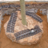 Platipus tree anchoring kit and Plati-Mat used to secure a semi-mature rootballed tree