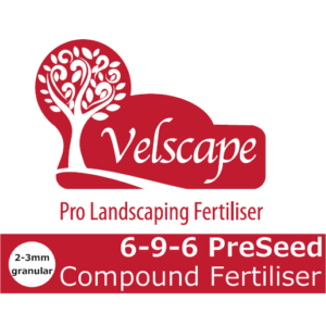 20kg bag of Velscape Pre-Seed Fertiliser (6-9-6), a high-phosphorus pre-seed lawn and turf feed
