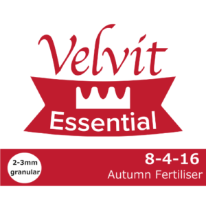 20kg bag of Velvit Essential Autumn Fertiliser, an 8-4-16 granular turf feed