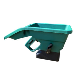 Hand held fertiliser and seed spreader with five application settings and wrist guard