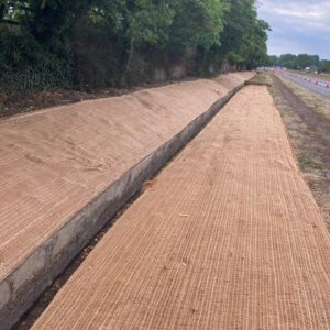 Eromat C-100-J coir erosion control blanket rolled out and pinned on a soil slope, ready for underseeding