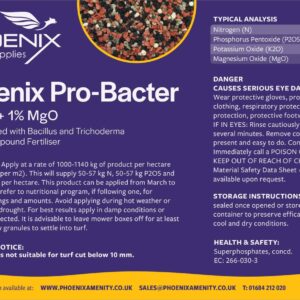 Phoenix Pro-Bacter product label showing 5-5-20 plus 1% MgO analysis, a UK-manufactured alternative to Mo-Bacter