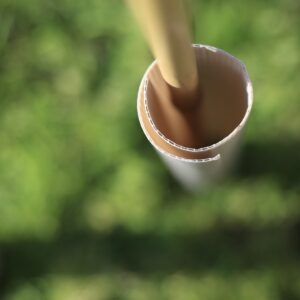 Top-down view of a biodegradable hedge wrap showing the overlapping twin-wall wrap that expands as the plant grows