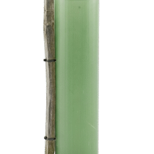 Wide green recyclable Vigilis Shrub Shelter secured to a wooden stake with two black cable ties