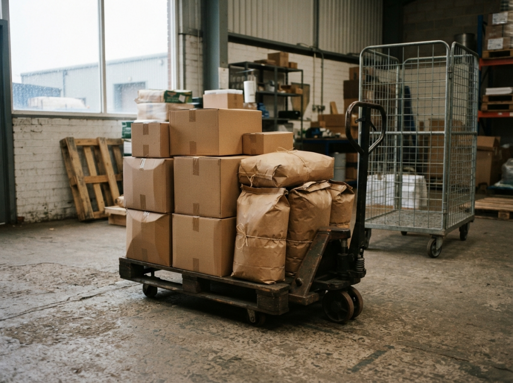 Boxed grass seed orders stacked on a pallet, ready for next-day despatch