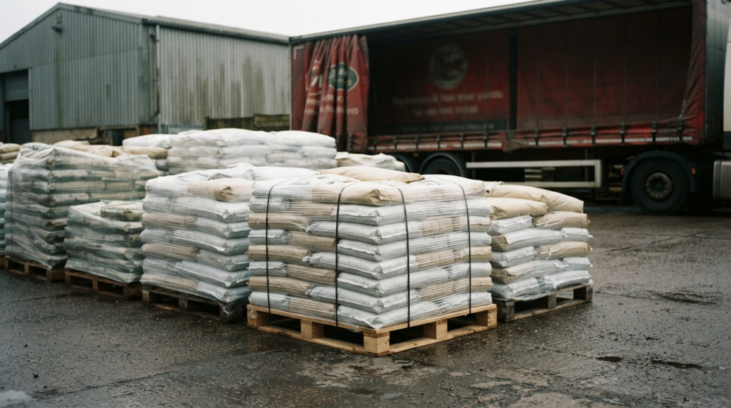 Bags of grass seed and fertiliser stacked on pallets, ready for delivery to site
