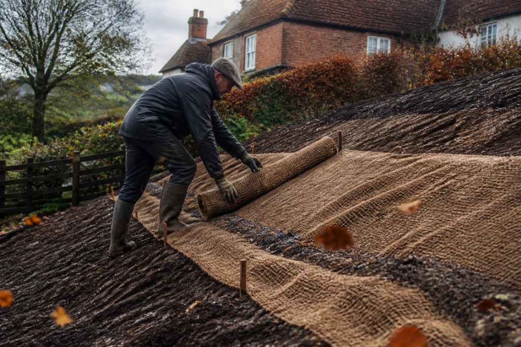 Matting graded banks in autumn before winter rain does the damage