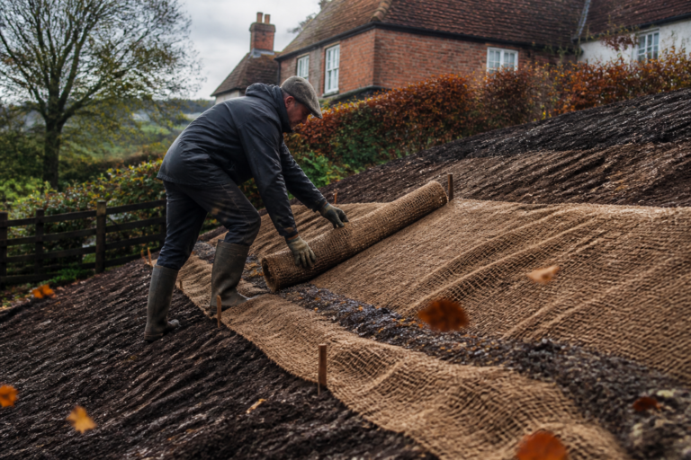 Matting graded banks in autumn before winter rain does the damage