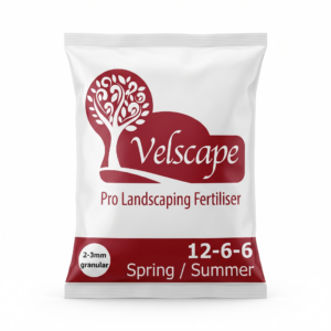 A centered photo of an upright, heat-sealed matte polythene fertiliser sack with specific red branding and NPK text.