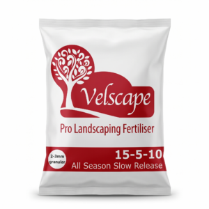 Photorealistic studio product photograph of the physical retail product "Velscape All Season Slow Release Fertiliser (15
