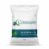 A white granular fertilizer sack features green 'Command' branding and technical specifications on a dark teal banner.