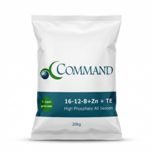 A white granular fertilizer sack features green 'Command' branding and technical specifications on a dark teal banner.