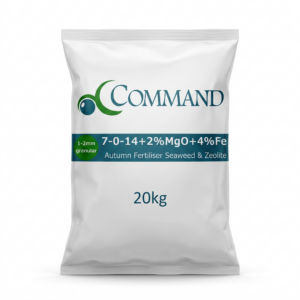 A photorealistic catalogue image of a Command 20kg fertiliser sack with specified autumn nutrient mix.