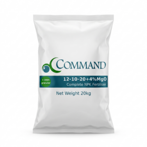A photorealistic square catalog image of a standing fertilizer sack with exact 'Command Complete NPK Fertiliser 12-10-20 + 4%MgO' branding.