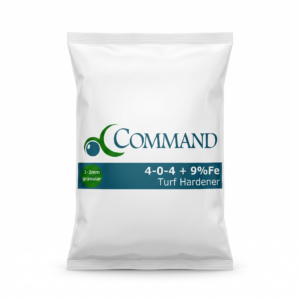 A photorealistic studio photo of a Command Turf Hardener fertilizer sack with 4-0-4 + 9% Fe on a white background.