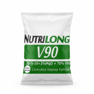 A photorealistic studio photograph of an upright, heat-sealed Nutrilong V90 fertiliser sack on a pure white background.