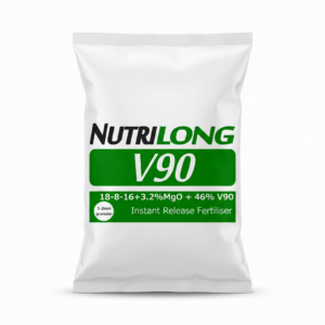 A photorealistic studio photograph of a Nutrilong V90 fertiliser sack on a seamless white background.