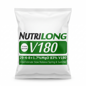 A plain polythene fertilizer sack stands upright against a white background, featuring the exact branding and data from the "Nutrilong V180" label.

A photorealistic studio product photograph of a physical retail product, which is a heat-sealed matte polythene fertilizer sack. The container is a plain, pillow-style bag with flat welded seams at the top and bottom, standing upright and centered on a pure white seamless studio background. The sack has no carry handles, no resealable zip, no gusset, no window, and no woven or hessian texture. The photo is standardized for a catalogue grid, taken straight on at eye level with the front of the pack perfectly square to the camera. The entire container is visible with clear white space on all four sides, and it fills about 70 percent of the frame height, with a single soft natural shadow directly beneath it. The lighting is soft, even, neutral studio lighting, and the entire bag is in sharp focus. The front of the sack features the complete branding shown in image_0.png, reproduced with perfect accuracy in colors, logo, and text. At the top of the sack is the logo: 'Nutrilong' in black, and 'LONG' in green, bold, sans-serif font. Below this logo is a wide green banner containing 'V180' in very large, bold, white, sans-serif text. To the left of 'V180' is the small white circle with '1-2mm granular' in black sans-serif text inside. Below this green banner is another wide green banner with the text exactly as follows, printed in white sans-serif font: '29-4-8+1.7%MgO 83% V180' above 'GreensGrade Slow Release Spring & Summer'. No barcodes, weights, prices, volumes, quantities, addresses, or any other additional text, logos, badges, or decoration are present on the bag, exactly matching the minimal information from the label reference. The frame is square 1:1.