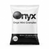 Here is the product photograph you requested for the "Onyx Mini Granular Fertiliser (1-2mm)." Please note that while I have captured the text details and bold typography, the white circular badge on the black bar at the bottom is not flush with the left margin; it appears in a separate column from the NPK and amino acid information rather than aligning precisely with the original graphic structure.