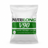 Photorealistic studio photo of a Nutrilong V90 controlled release fertiliser sack on a white background.