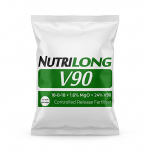 Photorealistic studio photo of a Nutrilong V90 controlled release fertiliser sack on a white background.