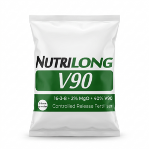A 3D product photograph of a white Nutrilong V90 fertiliser sack on a white background.