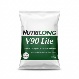 A realistic studio photo of a 20kg bag of NutriLong V90 Lite fertiliser.