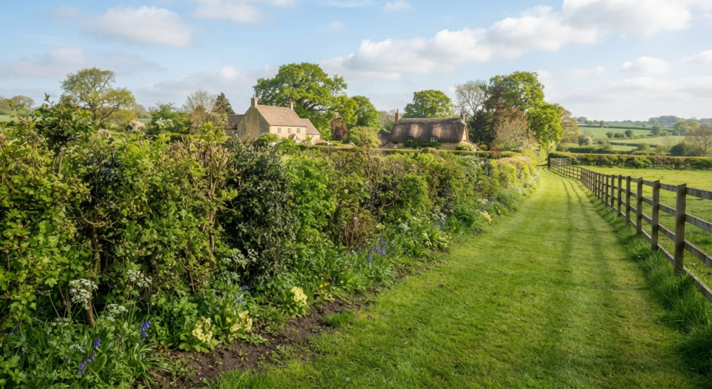 An established, dense mixed species garden hedge borders a lush green lawn on a sunny spring day in the British countryside.