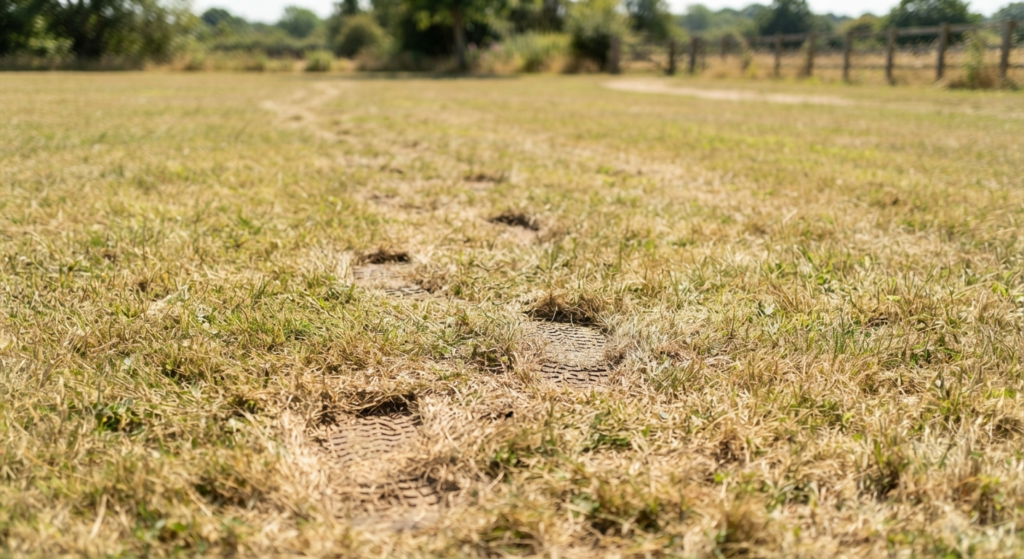 A close-up photograph of persistent footprints visible on dry, yellowish-green summer grass in a field.