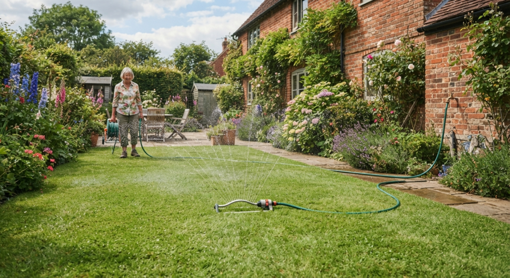 A person uses a garden hose and sprinkler to water a lush green lawn in a UK garden.